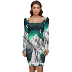 Christmas Wreath Winter Mountains Snow Stars Moon Women Long Sleeve Ruched Stretch Jersey Dress