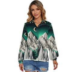 Christmas Wreath Winter Mountains Snow Stars Moon Women s Long Sleeve Button Up Shirt