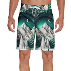 Christmas Wreath Winter Mountains Snow Stars Moon Men s Beach Shorts