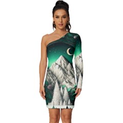 Christmas Wreath Winter Mountains Snow Stars Moon Long Sleeve One Shoulder Mini Dress