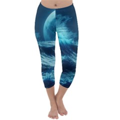 Moonlight High Tide Storm Tsunami Waves Ocean Sea Capri Winter Leggings 