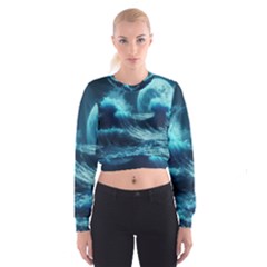 Moonlight High Tide Storm Tsunami Waves Ocean Sea Cropped Sweatshirt