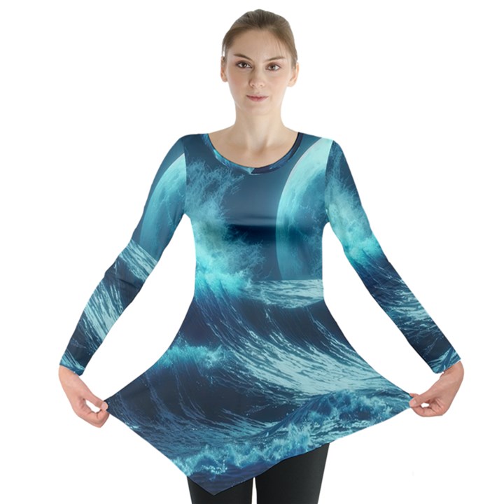 Moonlight High Tide Storm Tsunami Waves Ocean Sea Long Sleeve Tunic 