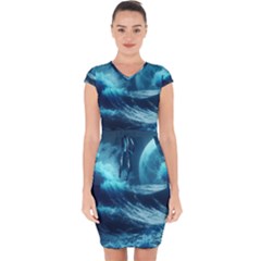 Moonlight High Tide Storm Tsunami Waves Ocean Sea Capsleeve Drawstring Dress  by uniart180623