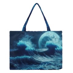 Moonlight High Tide Storm Tsunami Waves Ocean Sea Medium Tote Bag by uniart180623