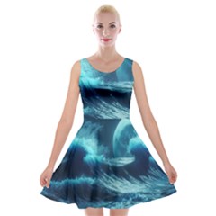 Moonlight High Tide Storm Tsunami Waves Ocean Sea Velvet Skater Dress