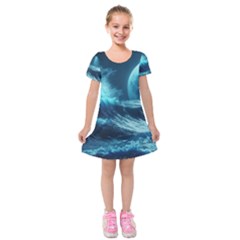 Moonlight High Tide Storm Tsunami Waves Ocean Sea Kids  Short Sleeve Velvet Dress