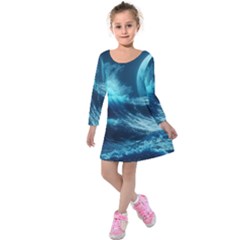 Moonlight High Tide Storm Tsunami Waves Ocean Sea Kids  Long Sleeve Velvet Dress