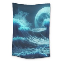 Moonlight High Tide Storm Tsunami Waves Ocean Sea Large Tapestry