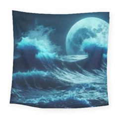 Moonlight High Tide Storm Tsunami Waves Ocean Sea Square Tapestry (large)