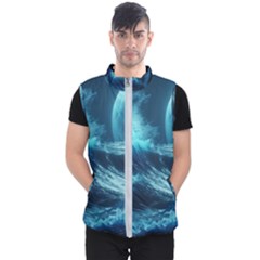 Moonlight High Tide Storm Tsunami Waves Ocean Sea Men s Puffer Vest