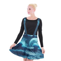 Moonlight High Tide Storm Tsunami Waves Ocean Sea Suspender Skater Skirt by uniart180623