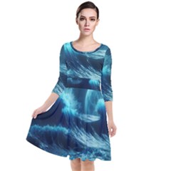 Moonlight High Tide Storm Tsunami Waves Ocean Sea Quarter Sleeve Waist Band Dress by uniart180623