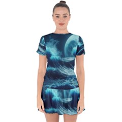 Moonlight High Tide Storm Tsunami Waves Ocean Sea Drop Hem Mini Chiffon Dress by uniart180623