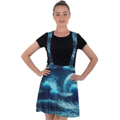 Moonlight High Tide Storm Tsunami Waves Ocean Sea Velvet Suspender Skater Skirt by uniart180623