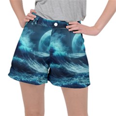 Moonlight High Tide Storm Tsunami Waves Ocean Sea Women s Ripstop Shorts by uniart180623