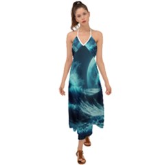 Moonlight High Tide Storm Tsunami Waves Ocean Sea Halter Tie Back Dress  by uniart180623