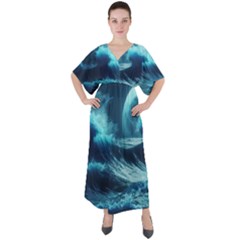 Moonlight High Tide Storm Tsunami Waves Ocean Sea V-neck Boho Style Maxi Dress by uniart180623