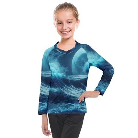 Moonlight High Tide Storm Tsunami Waves Ocean Sea Kids  Long Mesh T-shirt by uniart180623