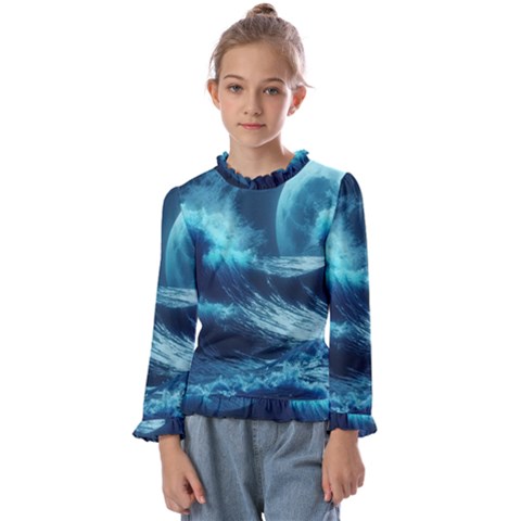 Moonlight High Tide Storm Tsunami Waves Ocean Sea Kids  Frill Detail T-shirt by uniart180623