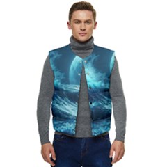 Moonlight High Tide Storm Tsunami Waves Ocean Sea Men s Button Up Puffer Vest	