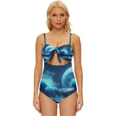 Moonlight High Tide Storm Tsunami Waves Ocean Sea Knot Front One-piece Swimsuit by uniart180623