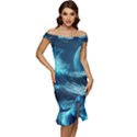 Moonlight High Tide Storm Tsunami Waves Ocean Sea Off Shoulder Ruffle Split Hem Bodycon Dress View1