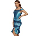 Moonlight High Tide Storm Tsunami Waves Ocean Sea Off Shoulder Ruffle Split Hem Bodycon Dress View2