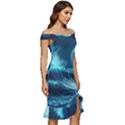 Moonlight High Tide Storm Tsunami Waves Ocean Sea Off Shoulder Ruffle Split Hem Bodycon Dress View3