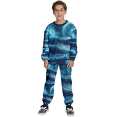 Moonlight High Tide Storm Tsunami Waves Ocean Sea Kids  Sweatshirt Set