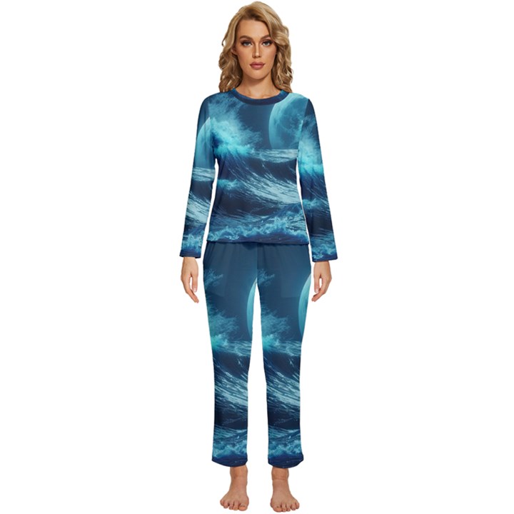 Moonlight High Tide Storm Tsunami Waves Ocean Sea Womens  Long Sleeve Lightweight Pajamas Set