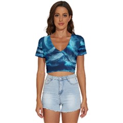 Moonlight High Tide Storm Tsunami Waves Ocean Sea V-neck Crop Top