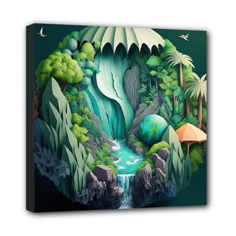 Waterfall Jungle Nature Paper Craft Trees Tropical Mini Canvas 8  X 8  (stretched) by uniart180623