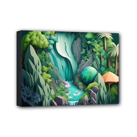 Waterfall Jungle Nature Paper Craft Trees Tropical Mini Canvas 7  X 5  (stretched) by uniart180623