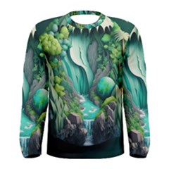 Waterfall Jungle Nature Paper Craft Trees Tropical Men s Long Sleeve T-shirt