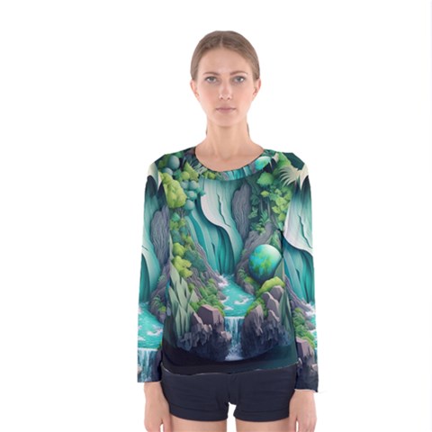 Waterfall Jungle Nature Paper Craft Trees Tropical Women s Long Sleeve T-shirt by uniart180623