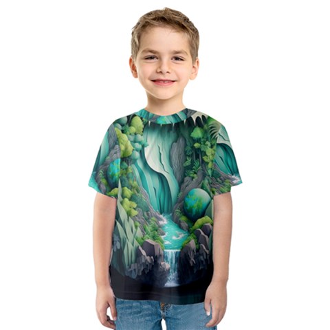 Waterfall Jungle Nature Paper Craft Trees Tropical Kids  Sport Mesh T-shirt by uniart180623