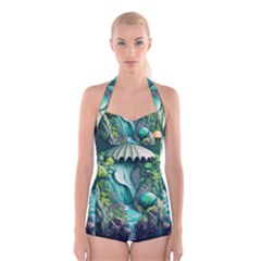 Waterfall Jungle Nature Paper Craft Trees Tropical Boyleg Halter Swimsuit  by uniart180623