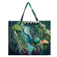 Waterfall Jungle Nature Paper Craft Trees Tropical Zipper Large Tote Bag by uniart180623