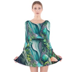 Waterfall Jungle Nature Paper Craft Trees Tropical Long Sleeve Velvet Skater Dress