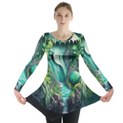 Waterfall Jungle Nature Paper Craft Trees Tropical Long Sleeve Tunic  by uniart180623