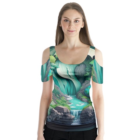 Waterfall Jungle Nature Paper Craft Trees Tropical Butterfly Sleeve Cutout T-shirt  by uniart180623