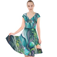 Waterfall Jungle Nature Paper Craft Trees Tropical Cap Sleeve Front Wrap Midi Dress by uniart180623