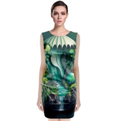 Waterfall Jungle Nature Paper Craft Trees Tropical Sleeveless Velvet Midi Dress