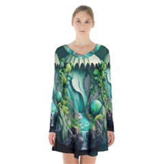 Waterfall Jungle Nature Paper Craft Trees Tropical Long Sleeve Velvet V-neck Dress