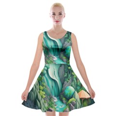 Waterfall Jungle Nature Paper Craft Trees Tropical Velvet Skater Dress