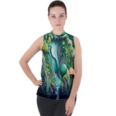 Waterfall Jungle Nature Paper Craft Trees Tropical Mock Neck Chiffon Sleeveless Top by uniart180623