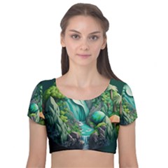 Waterfall Jungle Nature Paper Craft Trees Tropical Velvet Short Sleeve Crop Top  by uniart180623