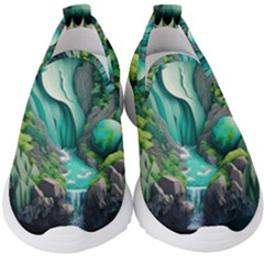 Waterfall Jungle Nature Paper Craft Trees Tropical Kids  Slip On Sneakers by uniart180623