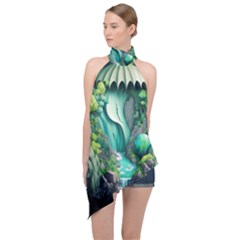 Waterfall Jungle Nature Paper Craft Trees Tropical Halter Asymmetric Satin Top by uniart180623